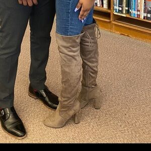 Womens Taupe Suede Block Heel Boots